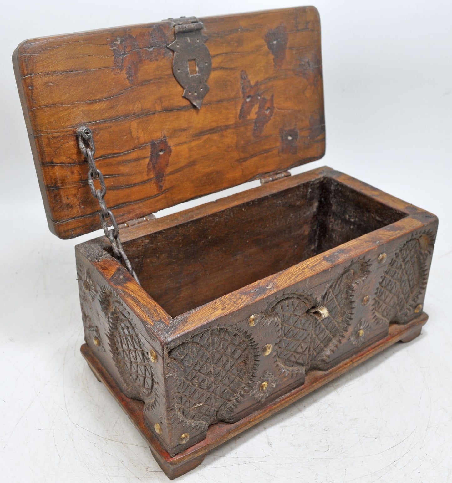 Antique Wooden Storage Chest Box Original Old Fine Hand Carved Metal Fitted