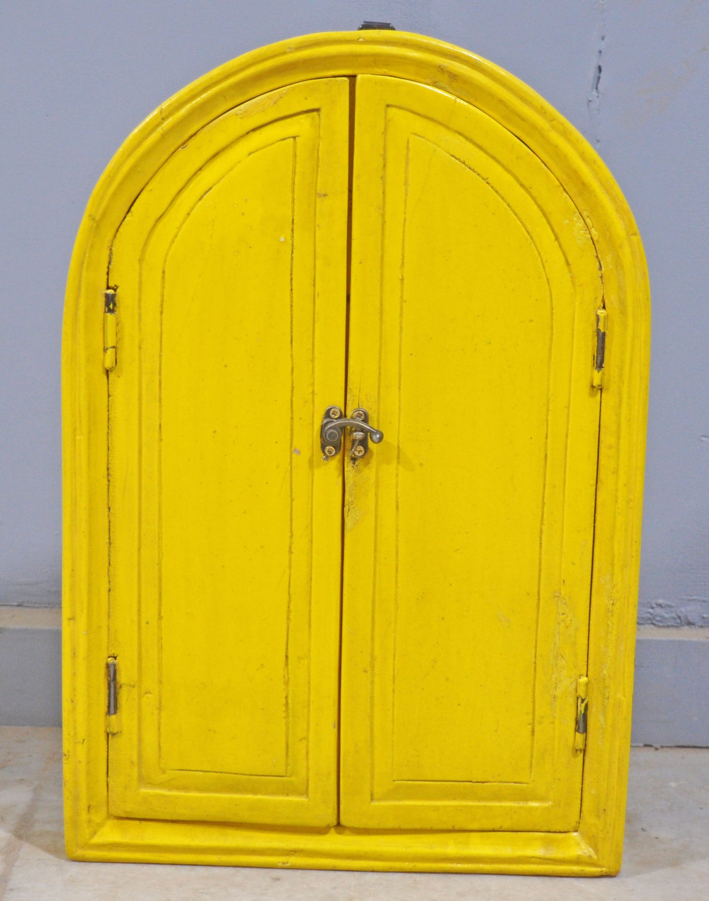 Hand Crafted Wooden Arch Shaped Wall Décor Window Frame Mirror Bright Yellow