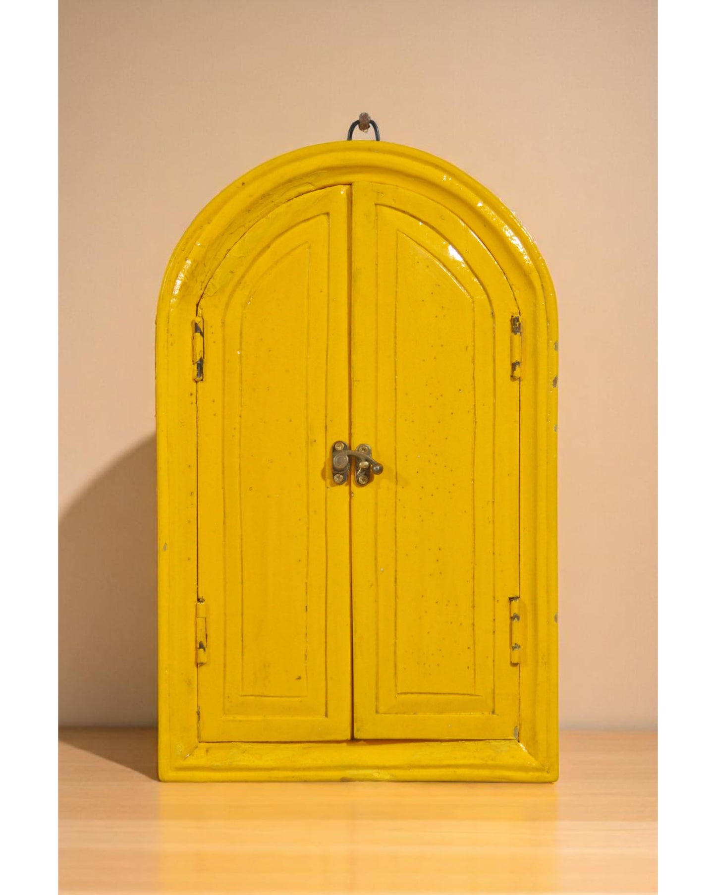Hand Crafted Wooden Arch Shaped Wall Décor Window Frame Mirror Bright Yellow