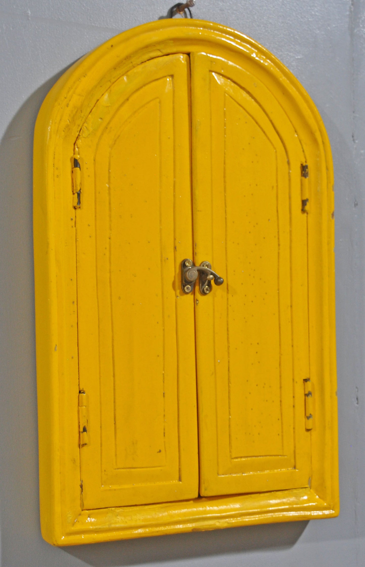 Hand Crafted Wooden Arch Shaped Wall Décor Window Frame Mirror Bright Yellow