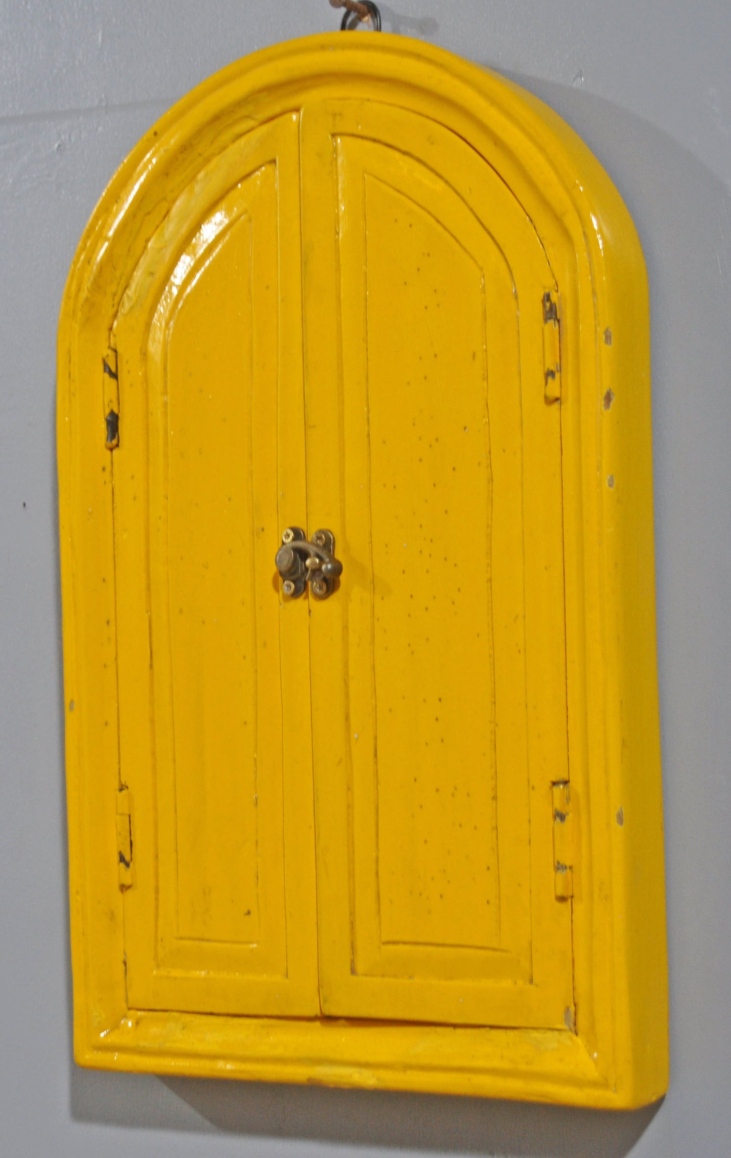 Hand Crafted Wooden Arch Shaped Wall Décor Window Frame Mirror Bright Yellow