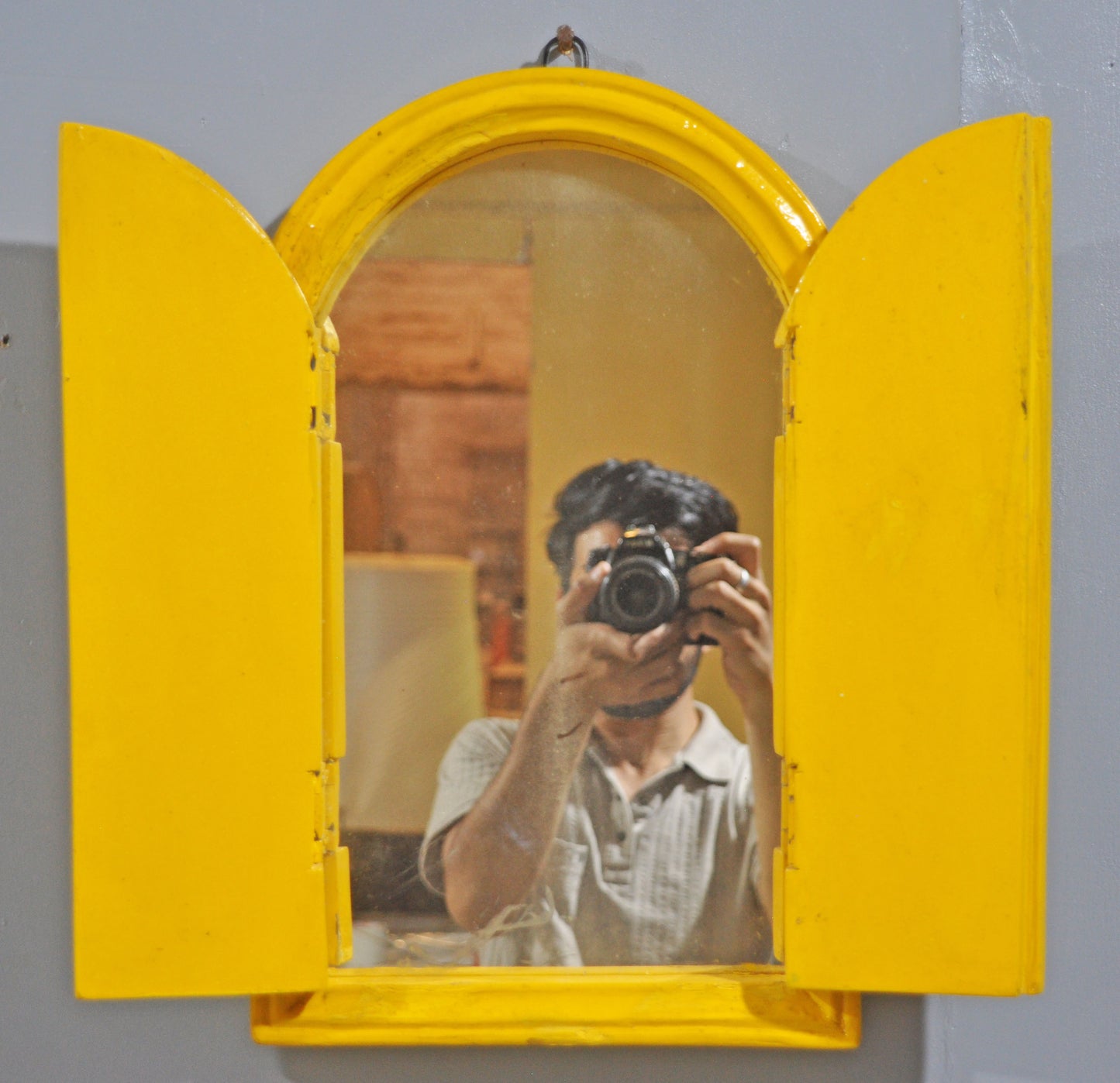 Hand Crafted Wooden Arch Shaped Wall Décor Window Frame Mirror Bright Yellow