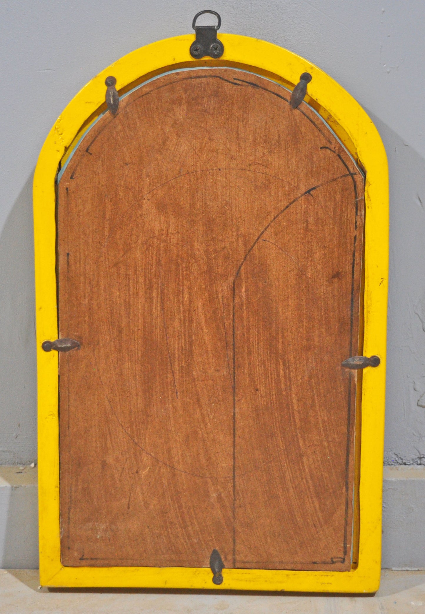 Hand Crafted Wooden Arch Shaped Wall Décor Window Frame Mirror Bright Yellow