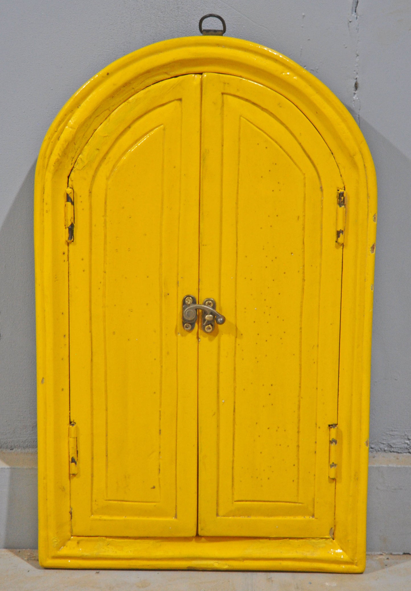 Hand Crafted Wooden Arch Shaped Wall Décor Window Frame Mirror Bright Yellow