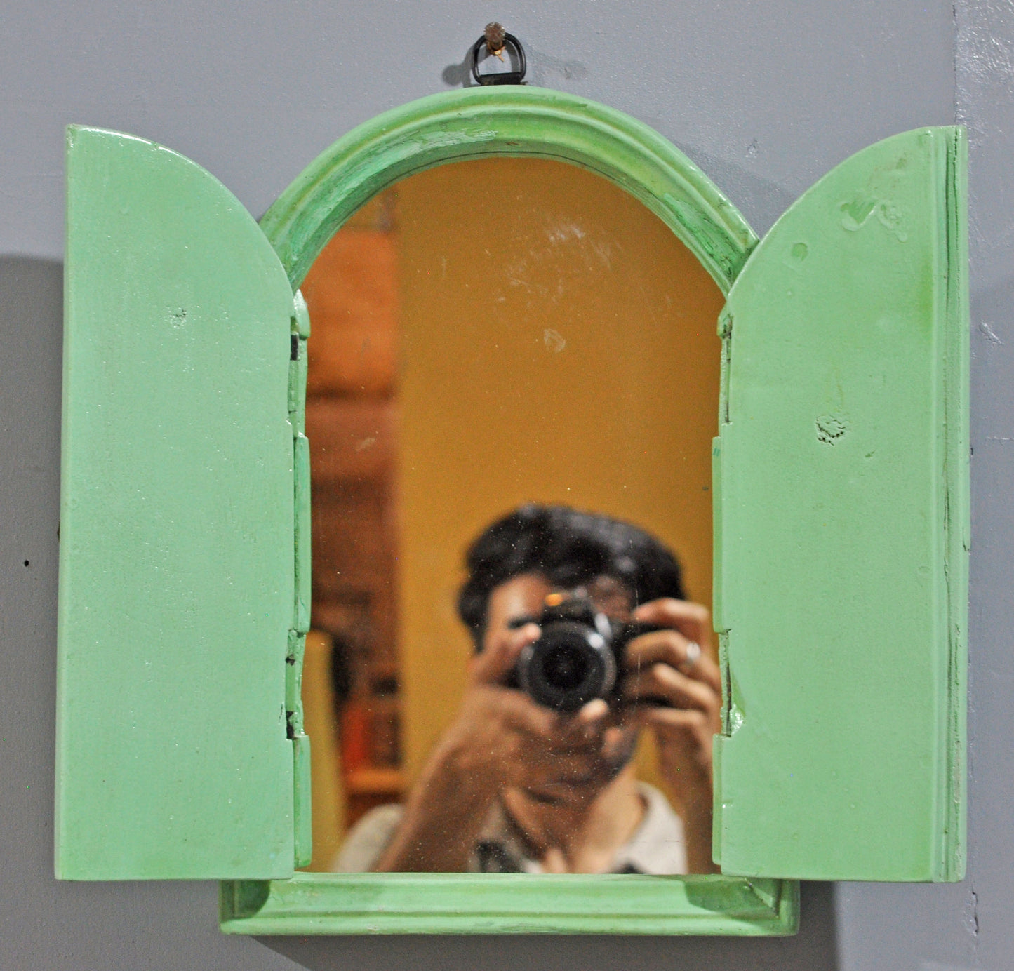 Hand Crafted Wooden Arch Shaped Wall Décor Window Frame Mirror Bright Teal
