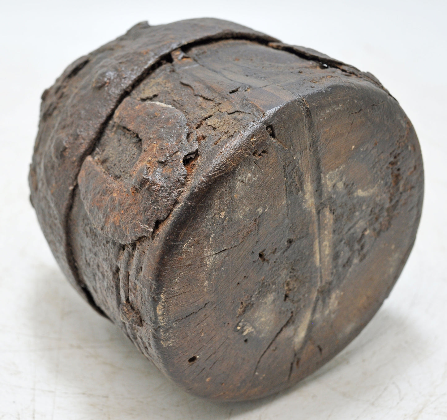 Antique Wooden Early Measuring Pot Paili Original Old Hand Carved Metal Fitted