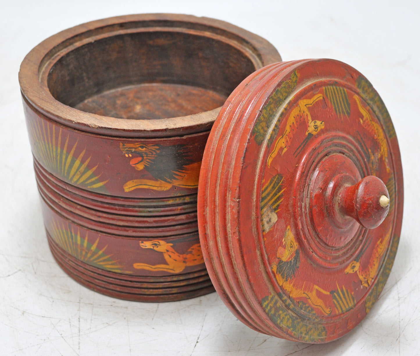 Vintage Wooden 2 Tier Round Food Box Original Old Hand Crafted Glossy Painted