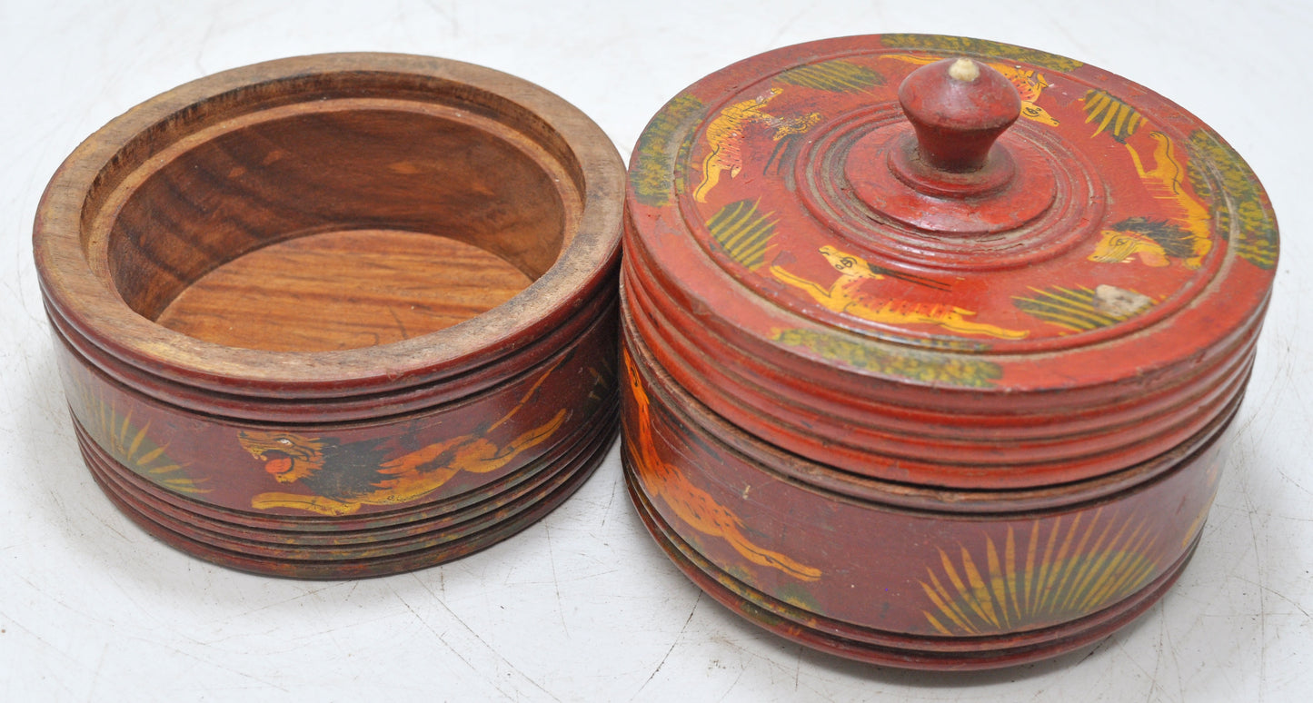 Vintage Wooden 2 Tier Round Food Box Original Old Hand Crafted Glossy Painted