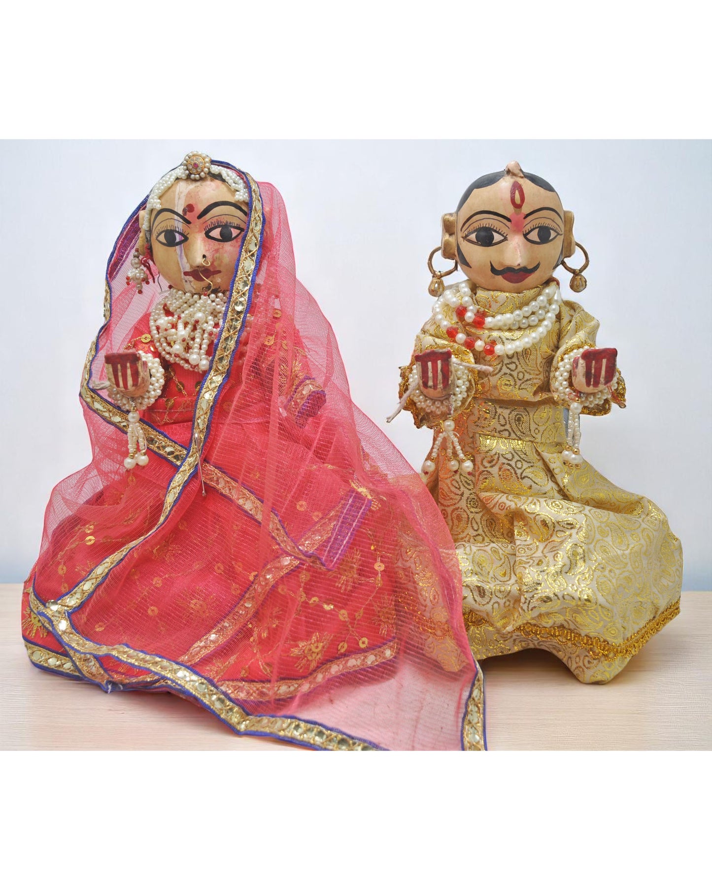 Vintage Wooden Goddess Gangaur Isar Figurine Pair Original Old Hand Carved Painted