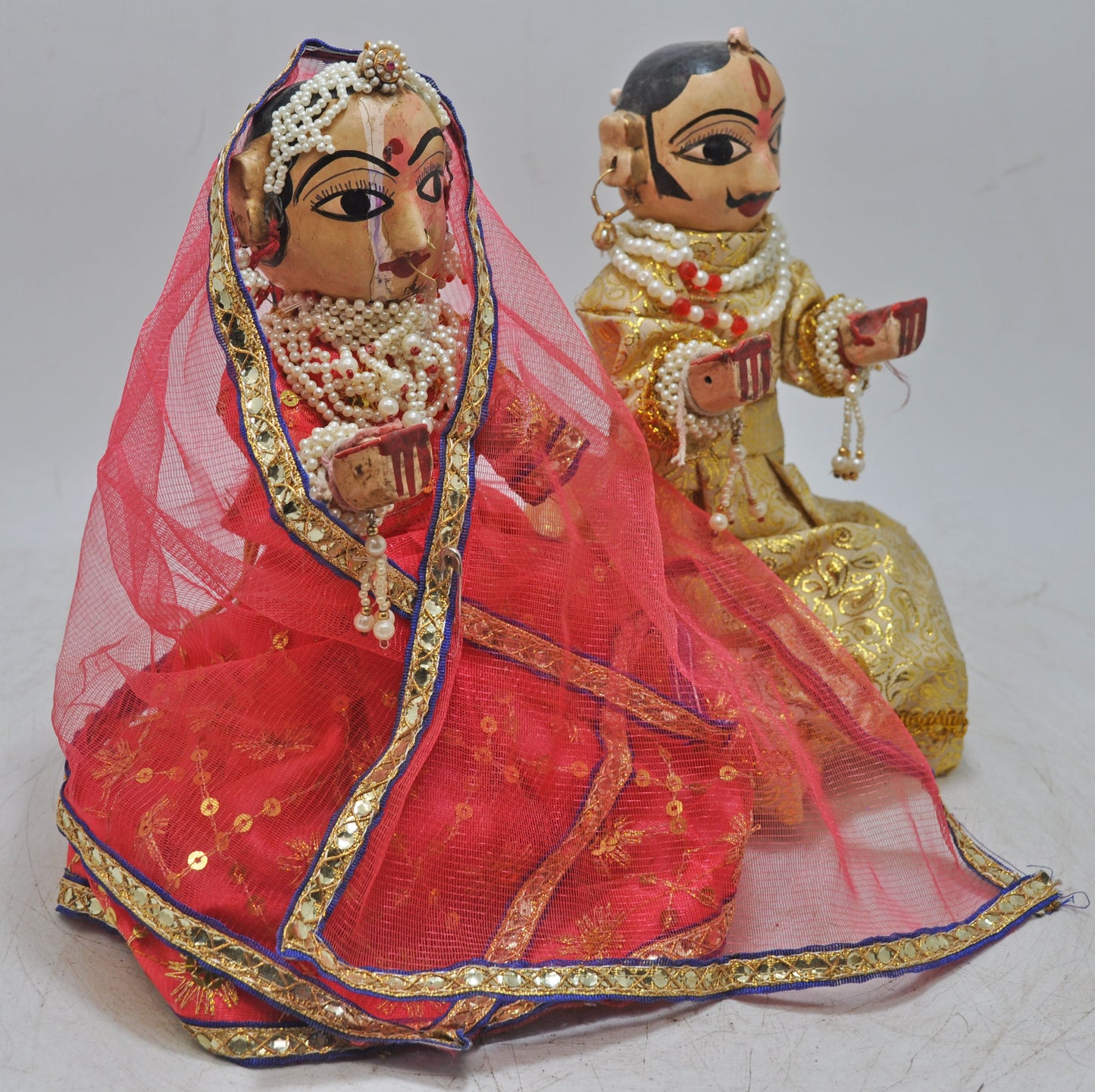 Vintage Wooden Goddess Gangaur Isar Figurine Pair Original Old Hand Carved Painted