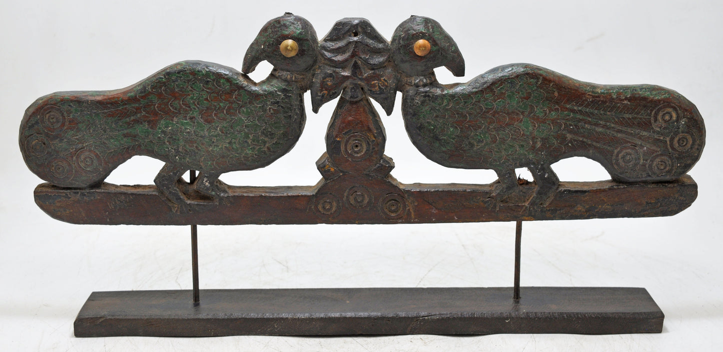 Antique Wooden 2 Peacock Carving Panel on Stand Original Old Hand Carved
