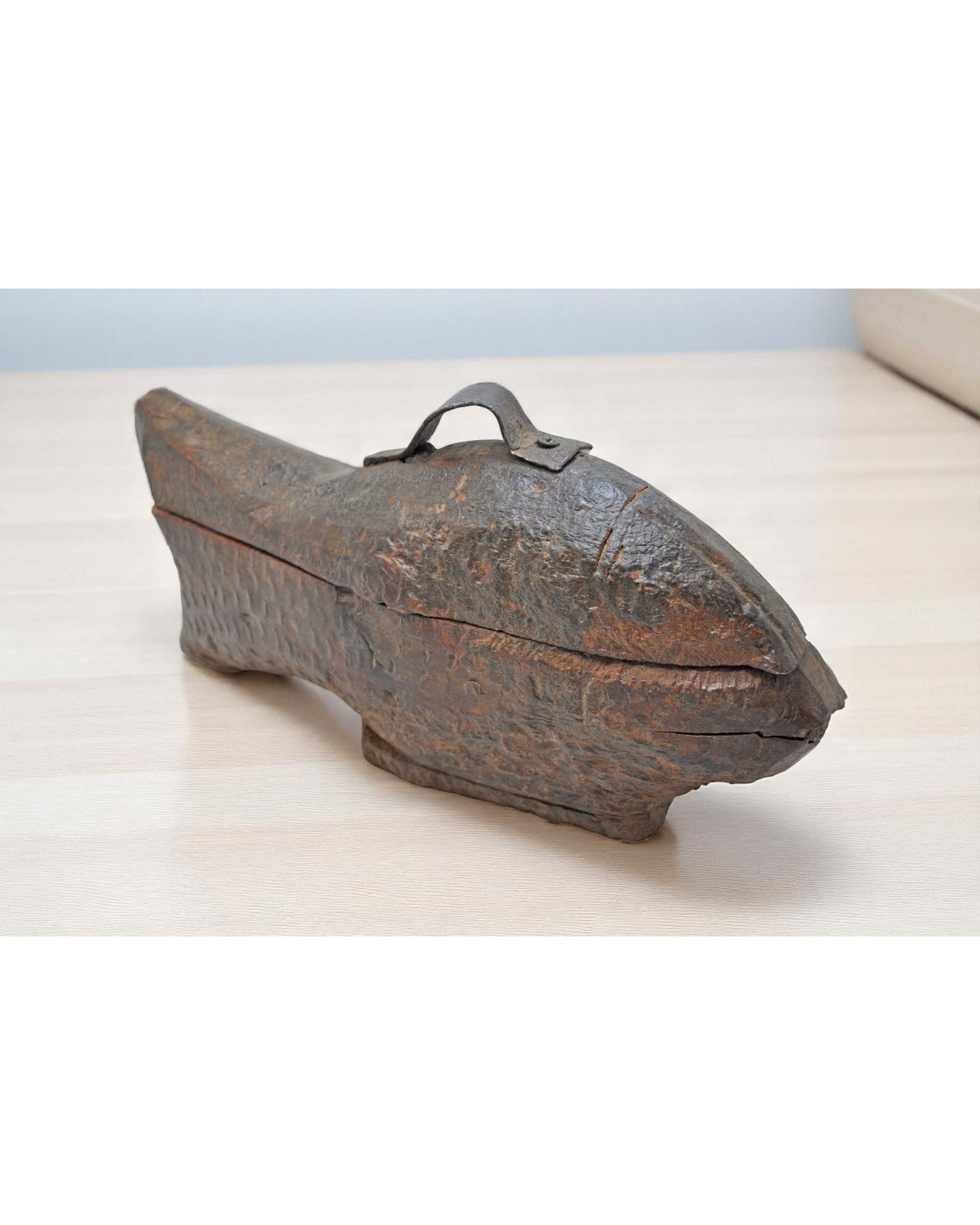 Antique Wooden Fish Shaped Spice Box Original Old Fine Hand Carved