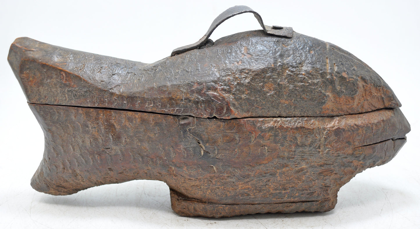 Antique Wooden Fish Shaped Spice Box Original Old Fine Hand Carved
