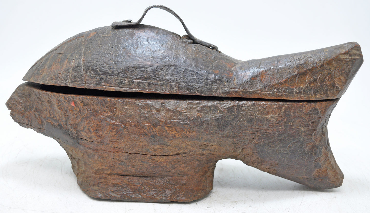 Antique Wooden Fish Shaped Spice Box Original Old Fine Hand Carved