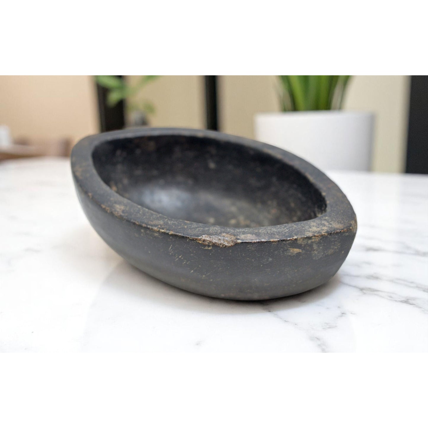 Antique Black Stone Oval Kharal Bowl Original Old Hand Carved