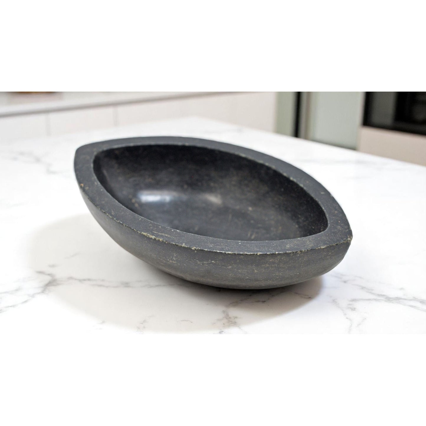 Antique Black Stone Oval Kharal Bowl Original Old Hand Carved