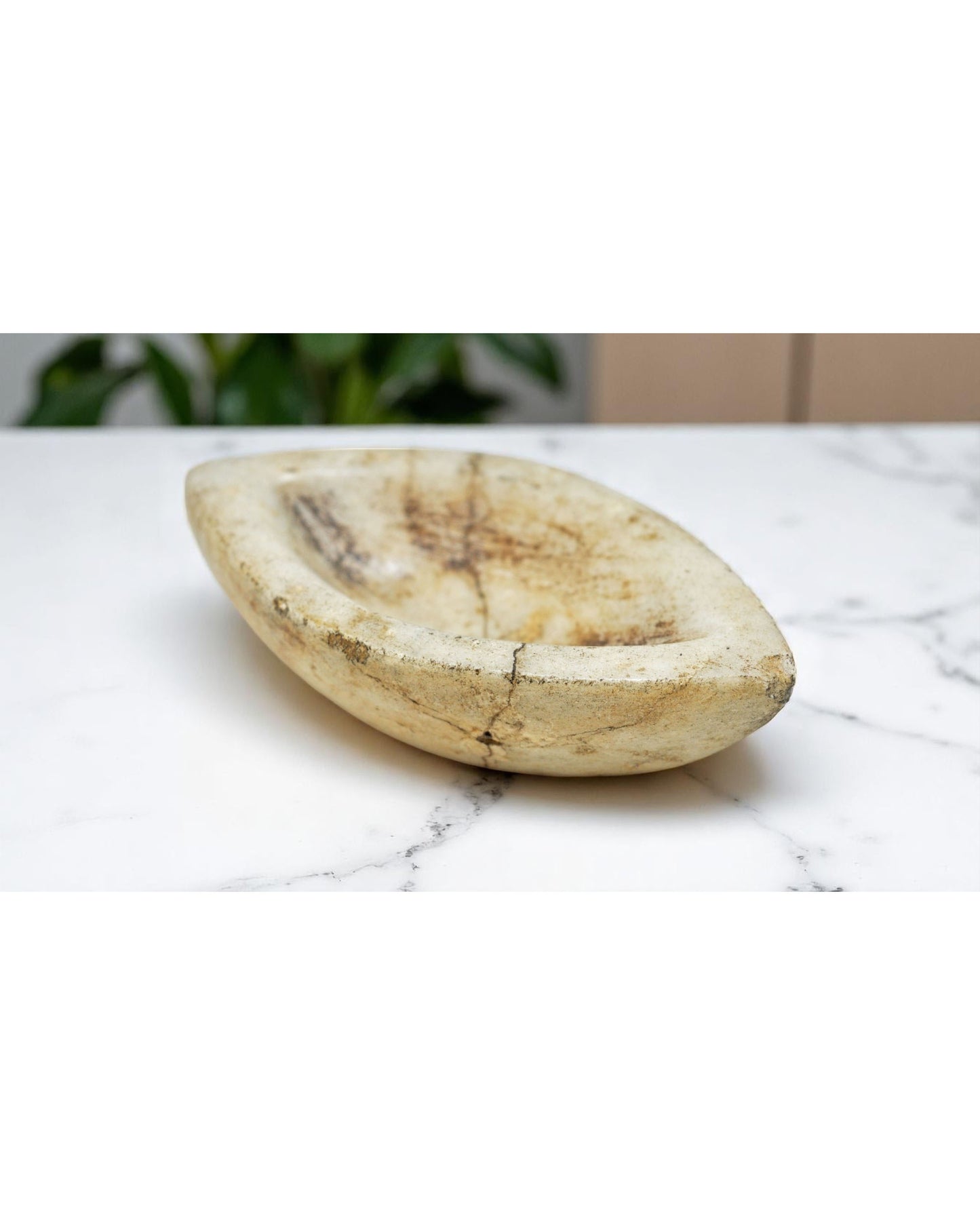 Antique White Marble Oval Kharal Bowl Original Old Hand Carved