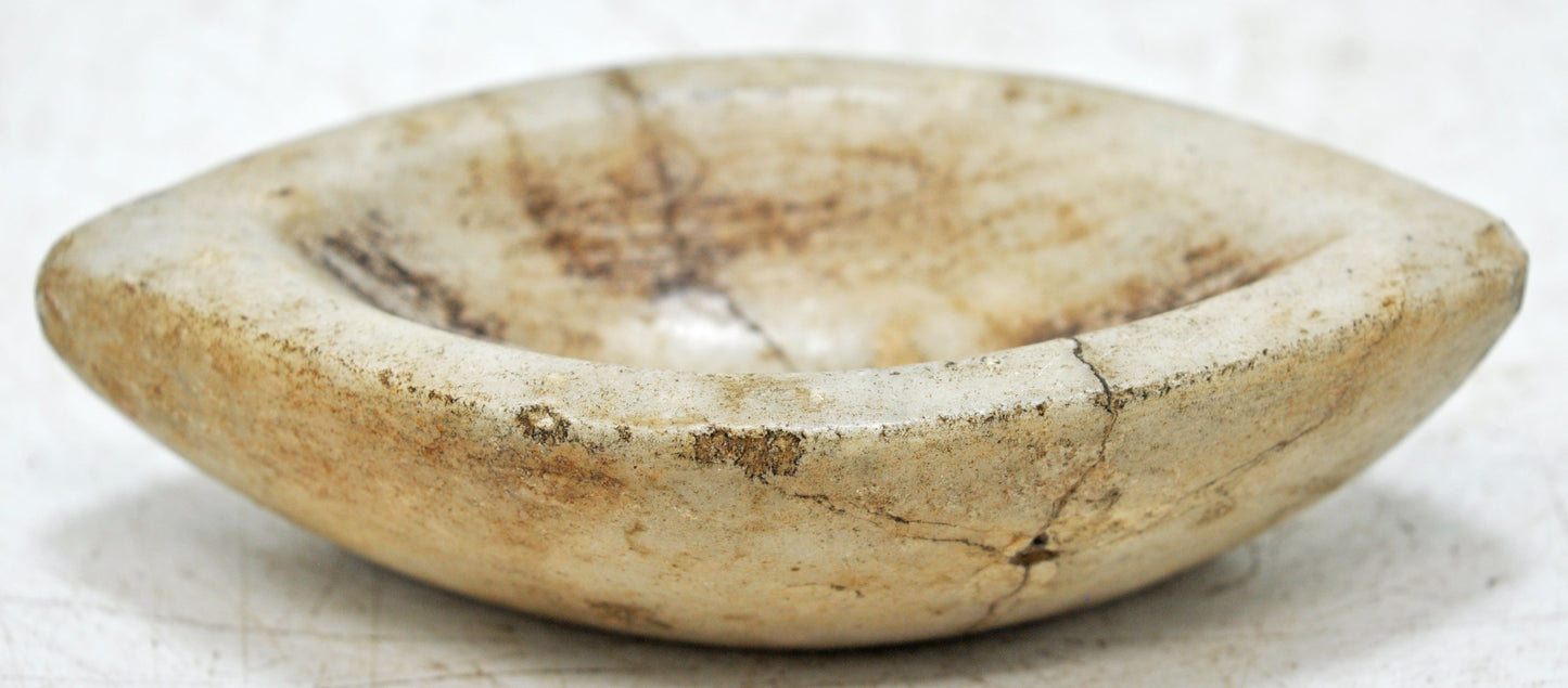 Antique White Marble Oval Kharal Bowl Original Old Hand Carved