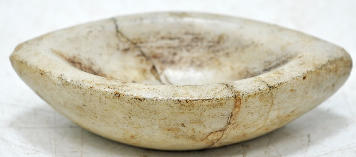 Antique White Marble Oval Kharal Bowl Original Old Hand Carved