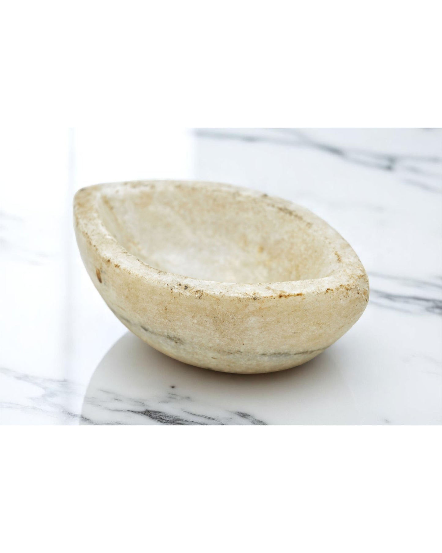 Antique White Marble Oval Kharal Bowl Original Old Hand Carved
