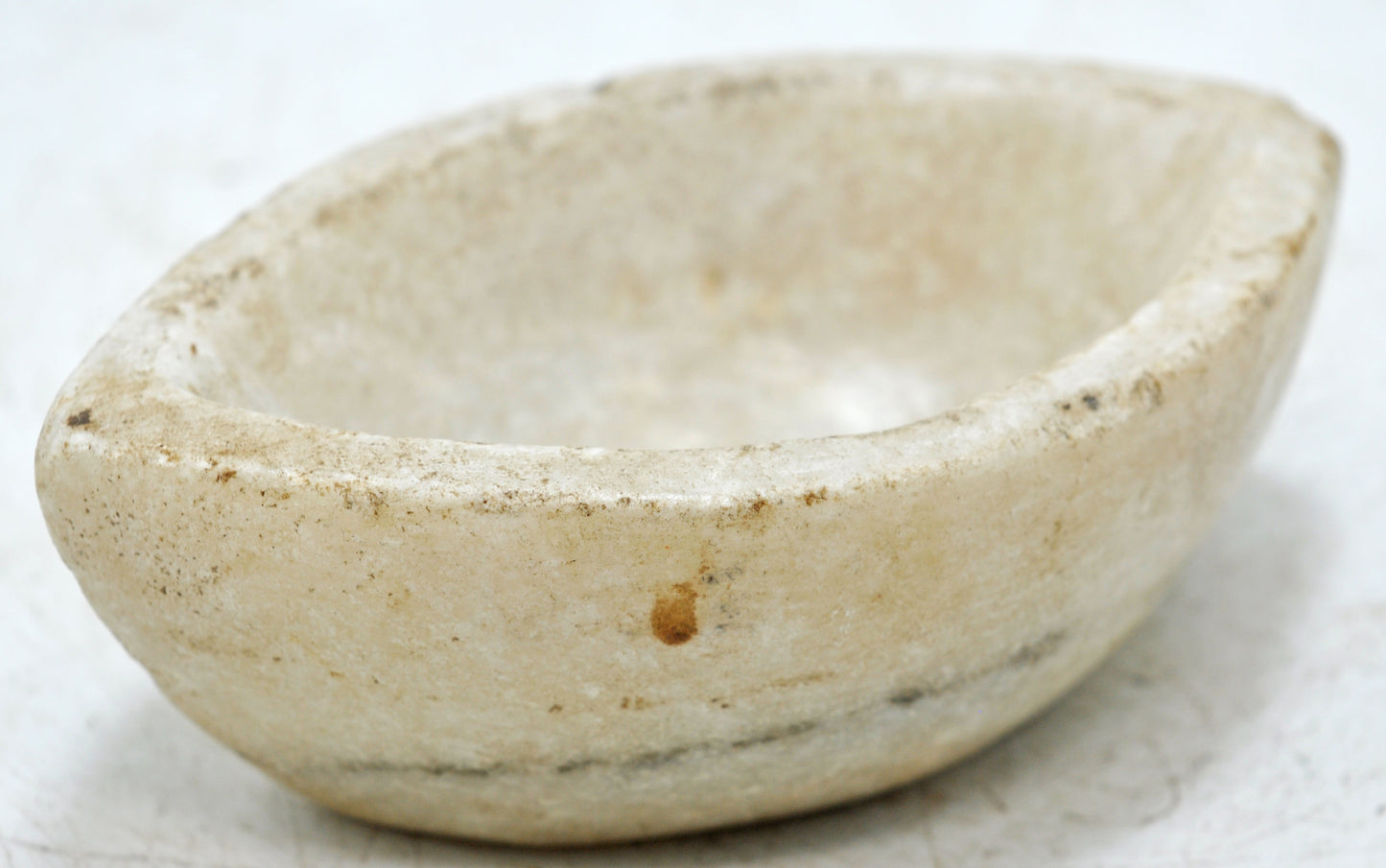 Antique White Marble Oval Kharal Bowl Original Old Hand Carved