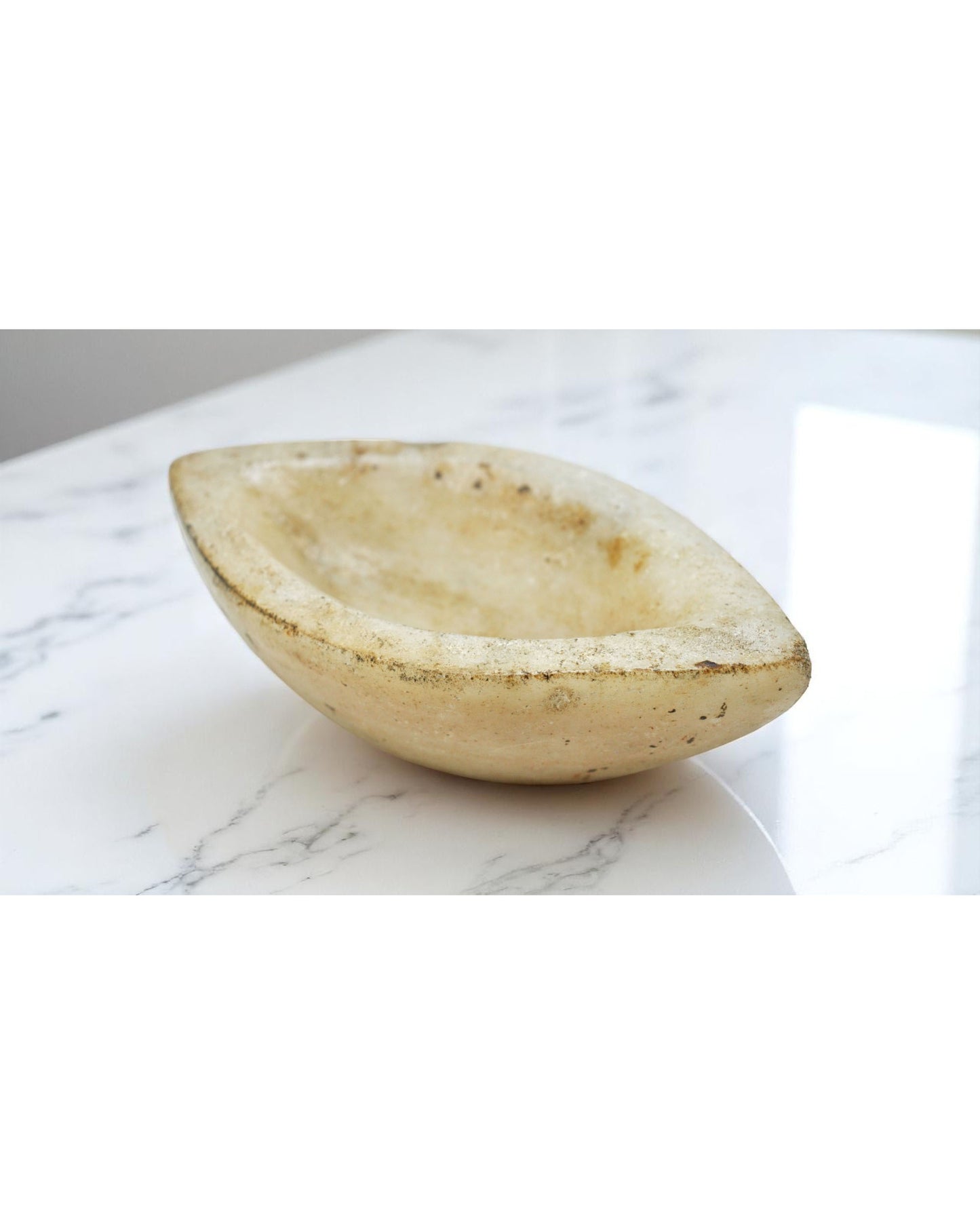 Antique White Marble Oval Kharal Bowl Original Old Hand Carved