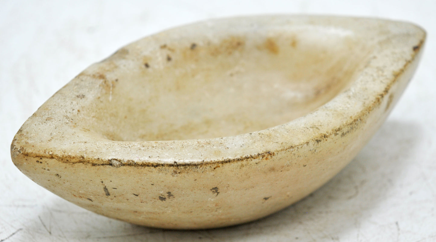 Antique White Marble Oval Kharal Bowl Original Old Hand Carved