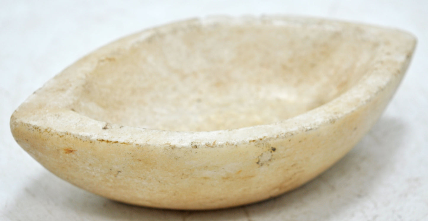 Antique White Marble Oval Kharal Bowl Original Old Hand Carved