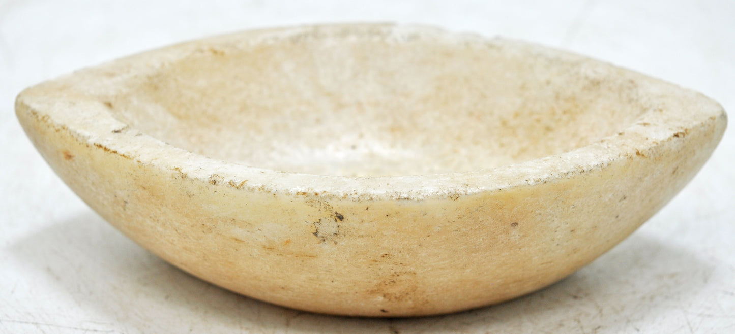 Antique White Marble Oval Kharal Bowl Original Old Hand Carved