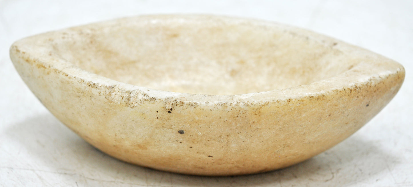 Antique White Marble Oval Kharal Bowl Original Old Hand Carved