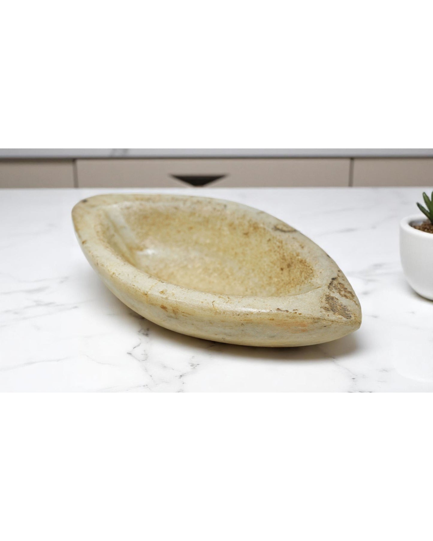 Antique White Marble Oval Kharal Bowl Original Old Hand Carved