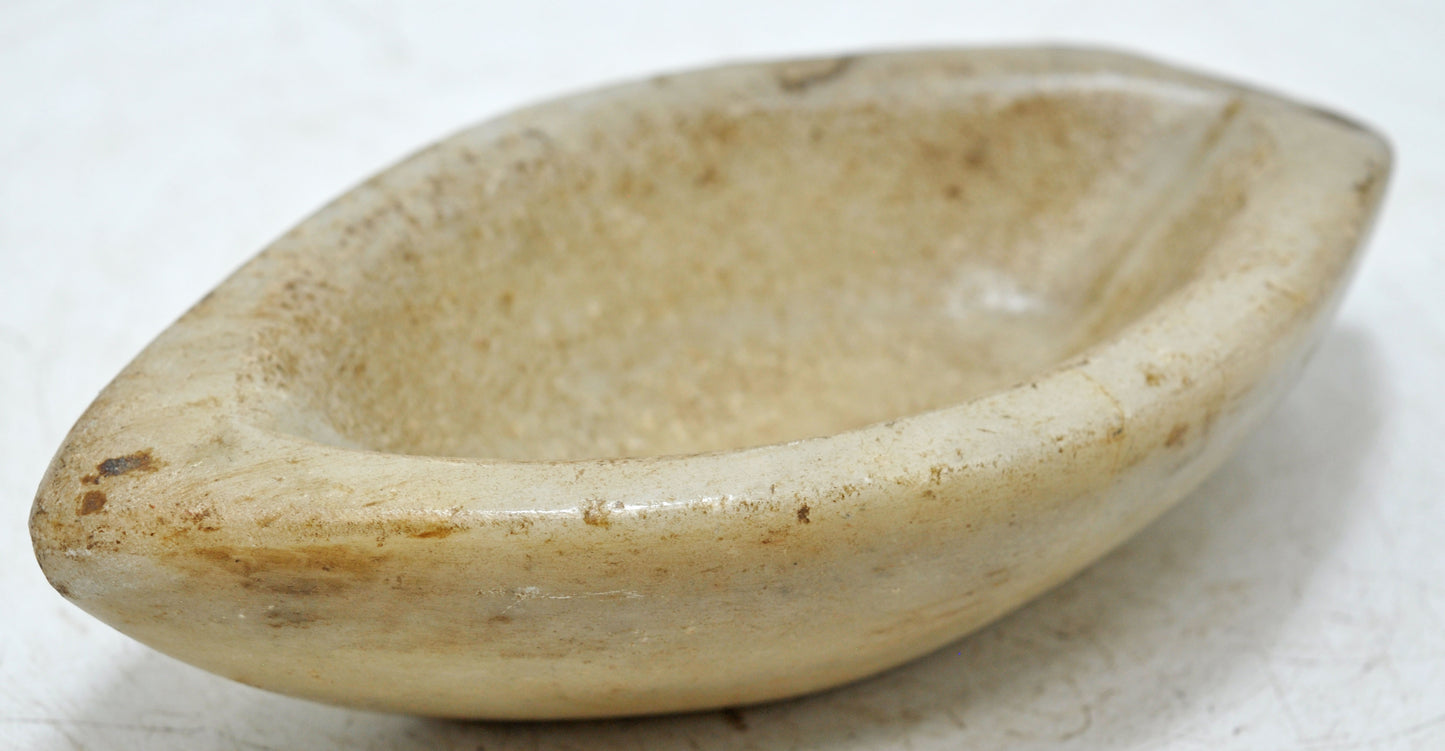 Antique White Marble Oval Kharal Bowl Original Old Hand Carved