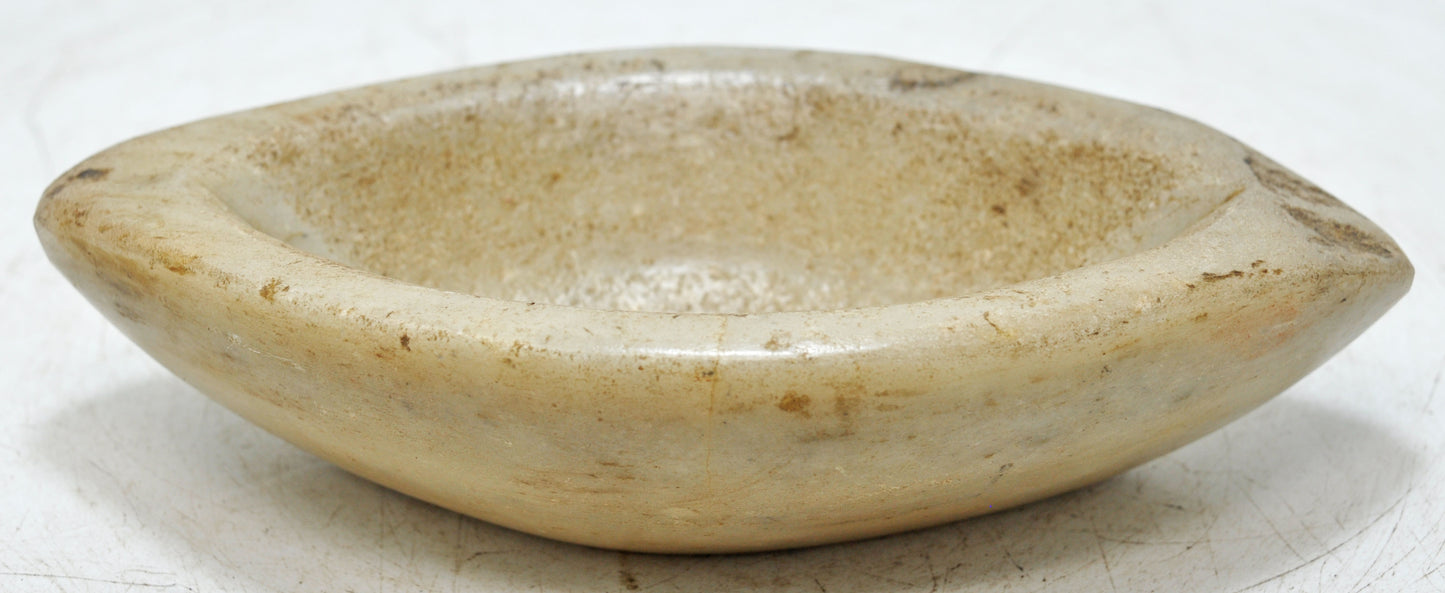 Antique White Marble Oval Kharal Bowl Original Old Hand Carved