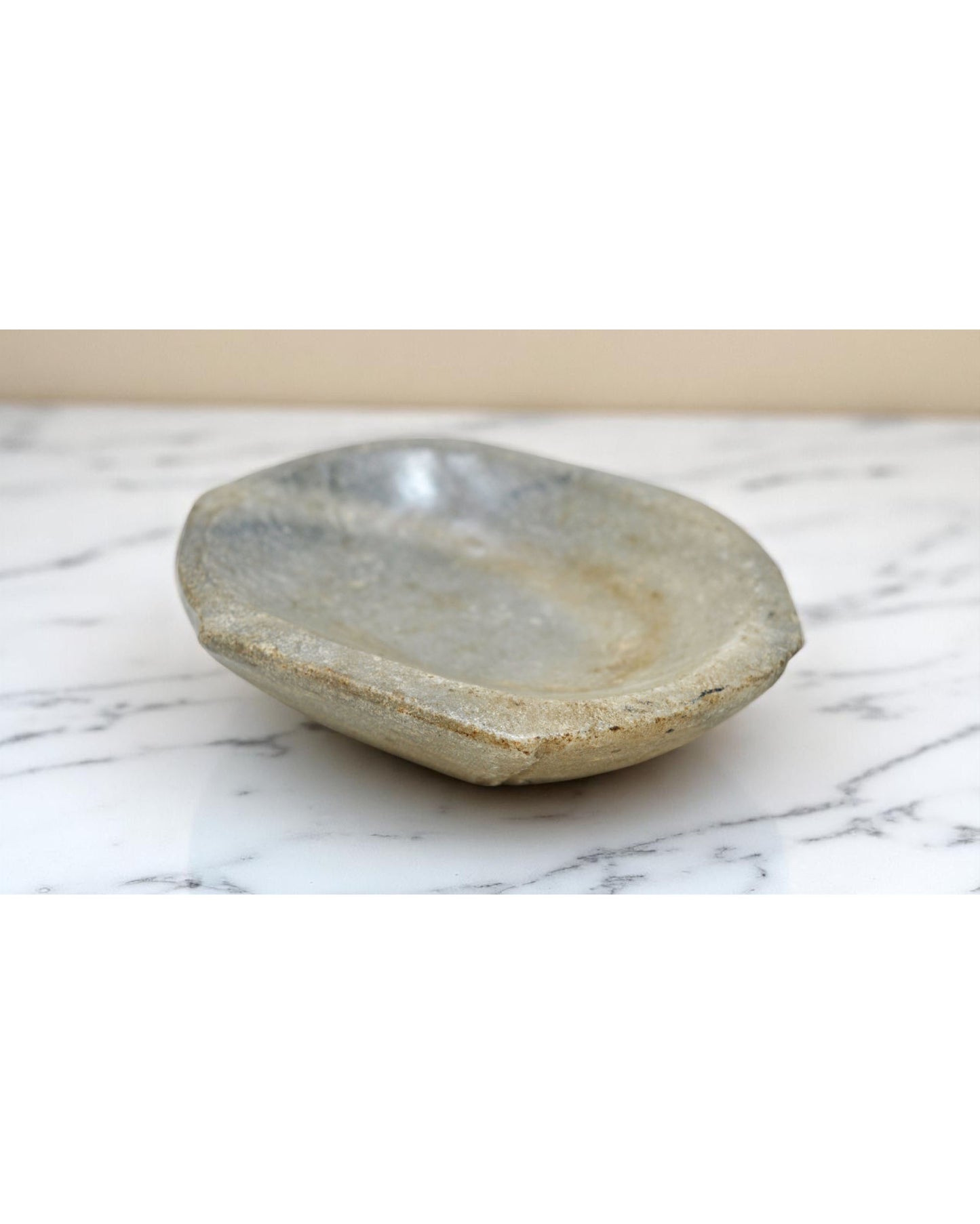 Antique White Marble Oval Kharal Bowl Original Old Hand Carved