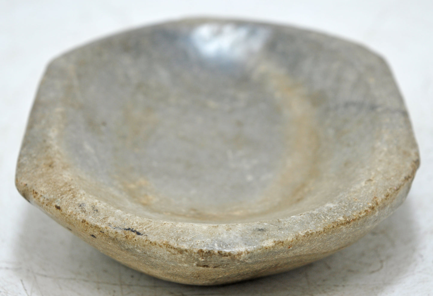 Antique White Marble Oval Kharal Bowl Original Old Hand Carved