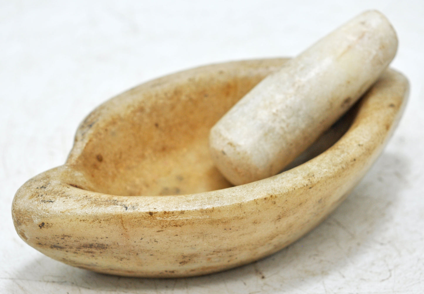 Antique White Marble Oval Spice Grinding Bowl Original Old Hand Carved