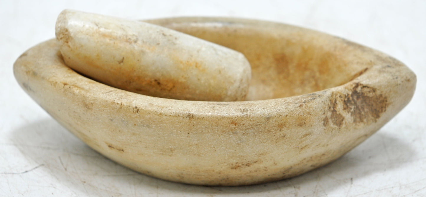 Antique White Marble Oval Spice Grinding Bowl Original Old Hand Carved