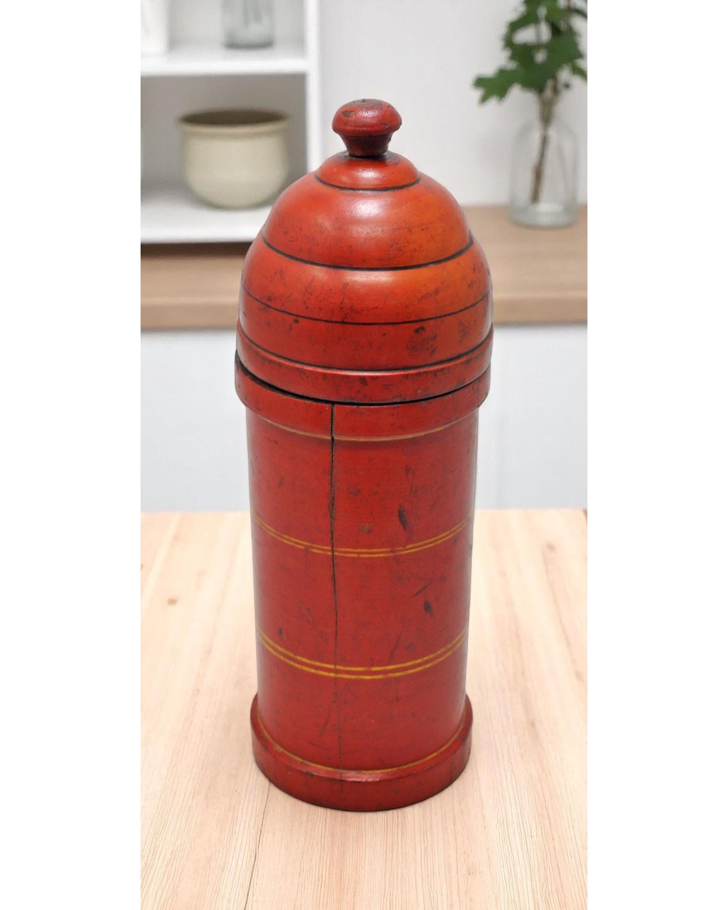 Vintage Wooden Tall Candy Box Original Old Hand Carved Glossy Lacquer Painted