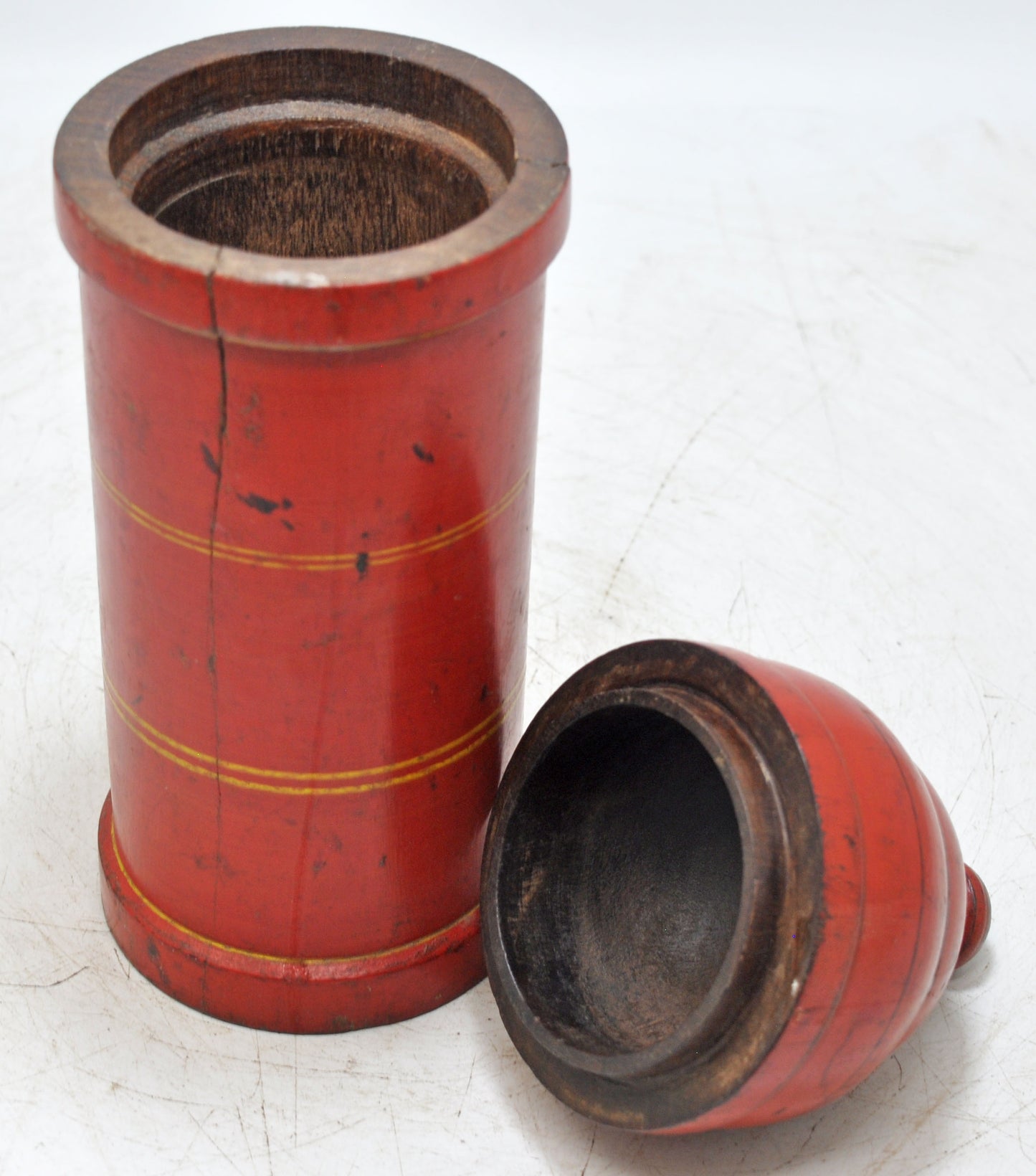 Vintage Wooden Tall Candy Box Original Old Hand Carved Glossy Lacquer Painted
