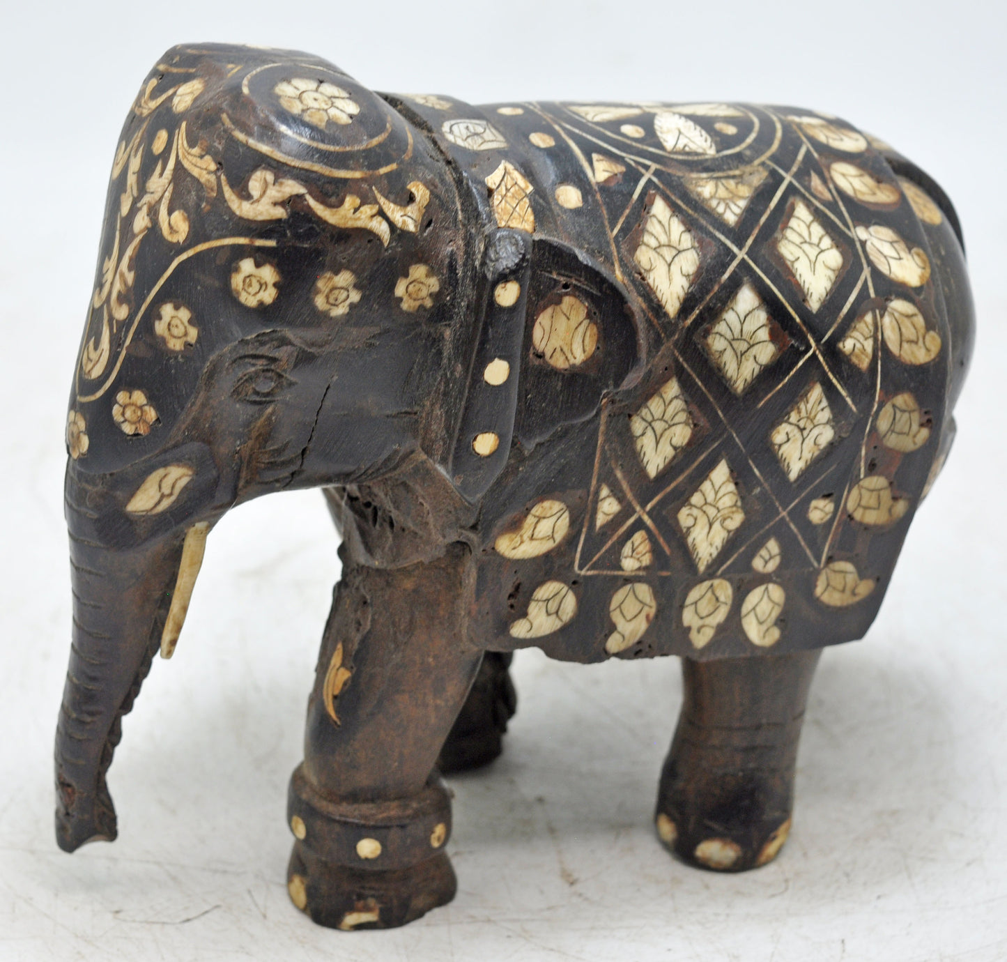 Antique Wooden Elephant Figurine Original Old Hand Carved Fine Inlay Work