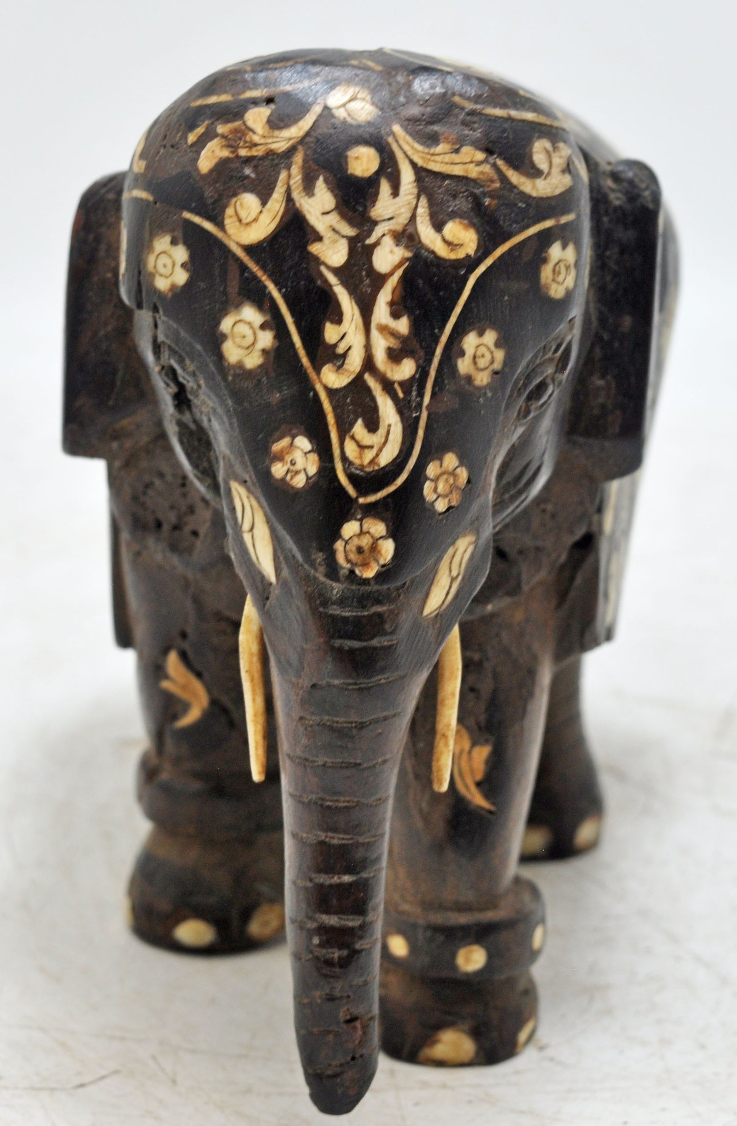 Antique Wooden Elephant Figurine Original Old Hand Carved Fine Inlay Work