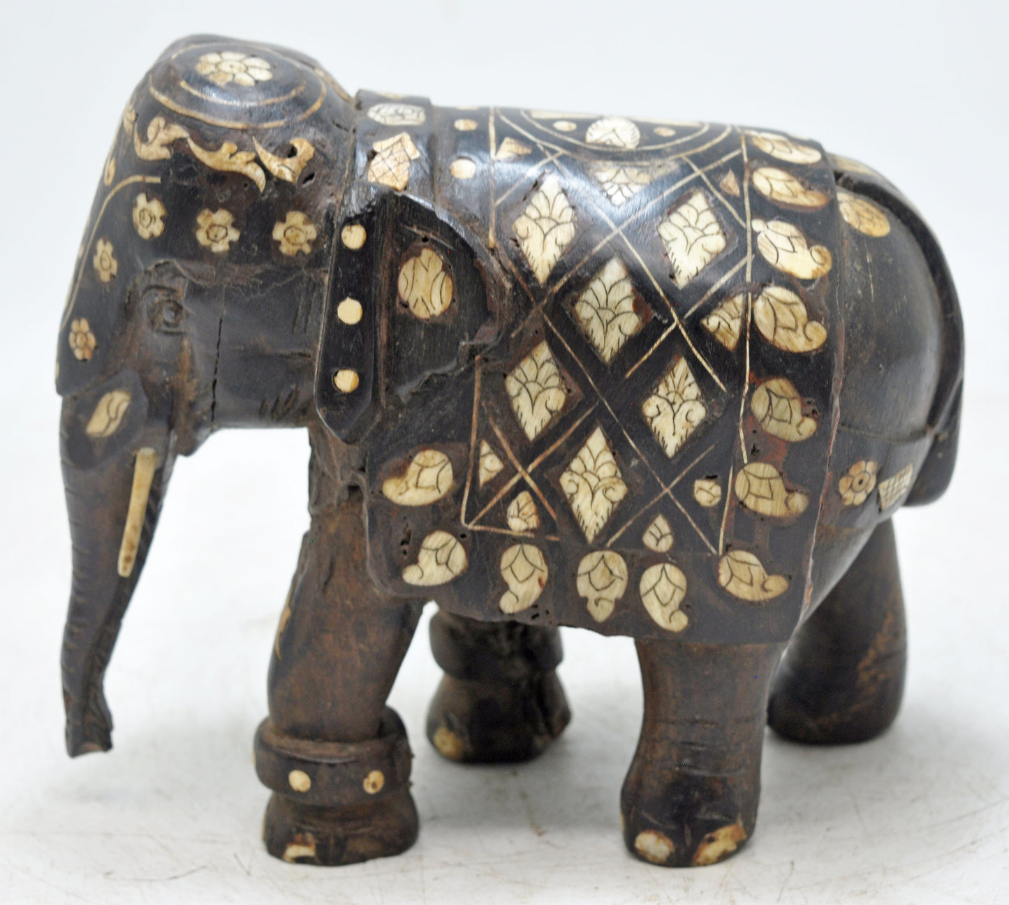 Antique Wooden Elephant Figurine Original Old Hand Carved Fine Inlay Work