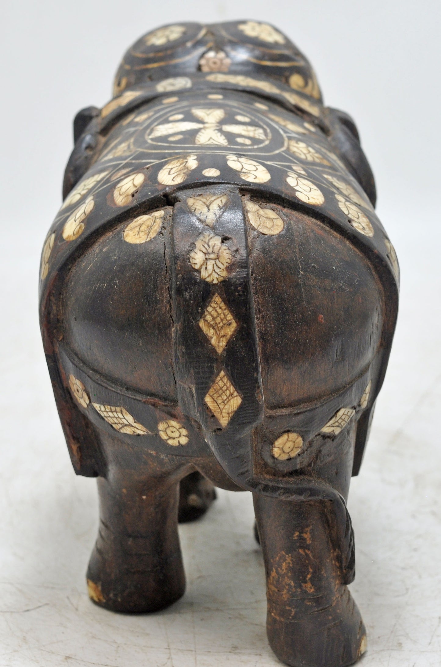 Antique Wooden Elephant Figurine Original Old Hand Carved Fine Inlay Work