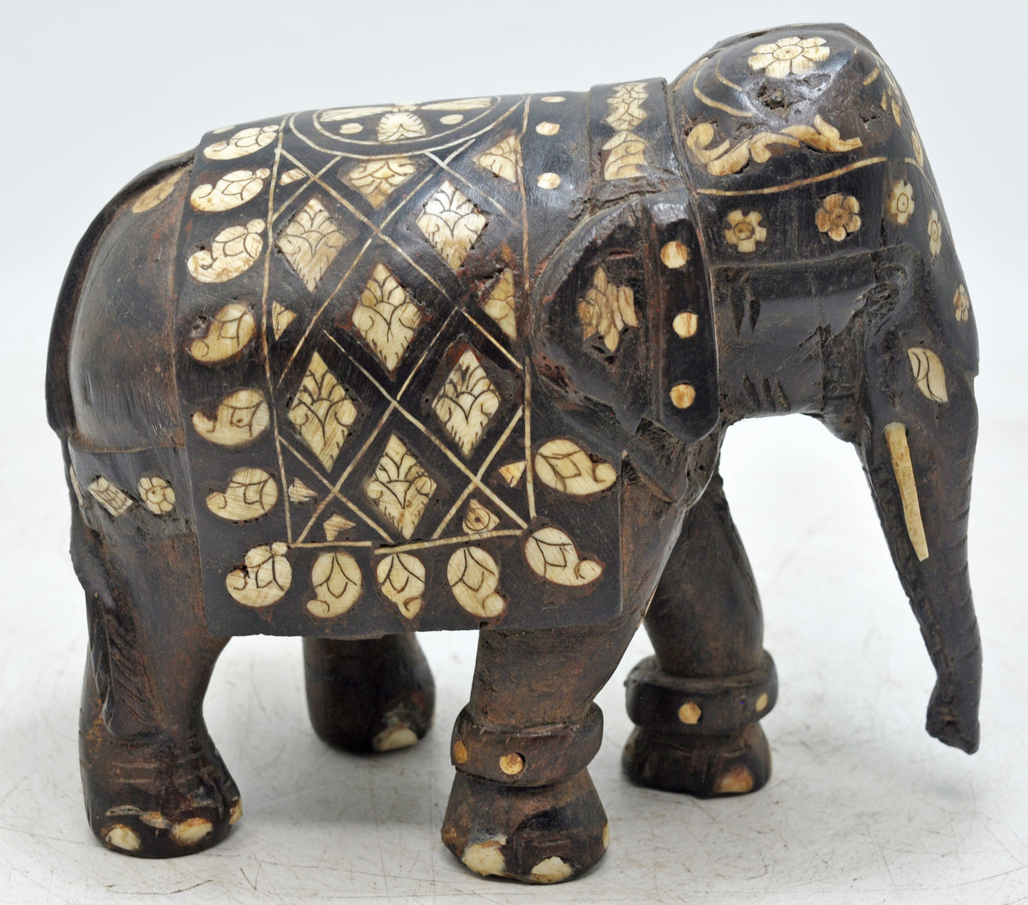 Antique Wooden Elephant Figurine Original Old Hand Carved Fine Inlay Work