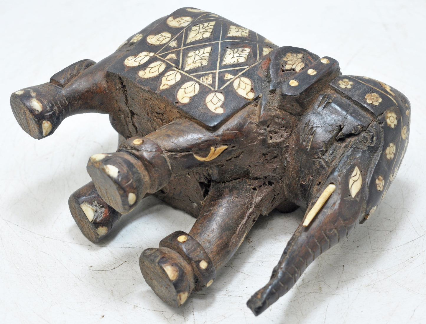 Antique Wooden Elephant Figurine Original Old Hand Carved Fine Inlay Work