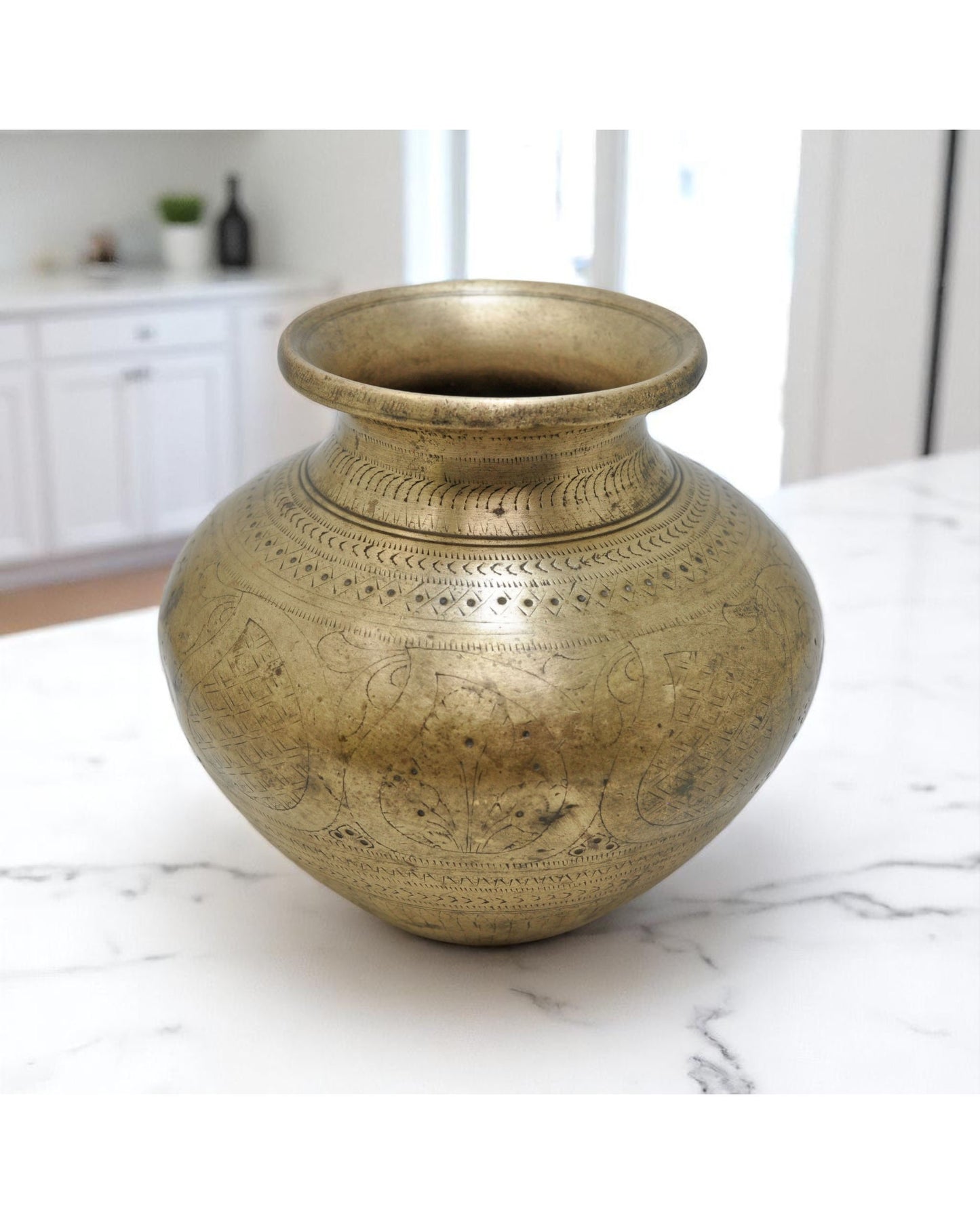 Antique Brass Round Water Drinking Lota Pot Original Old Hand Crafted Engraved