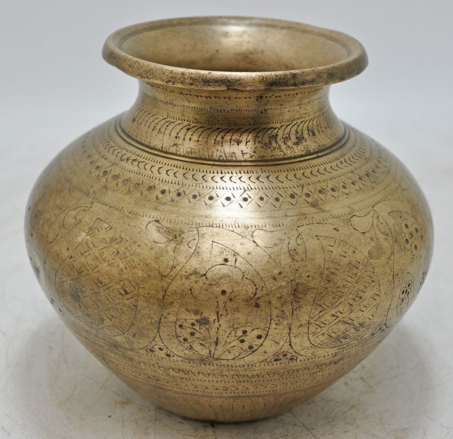 Antique Brass Round Water Drinking Lota Pot Original Old Hand Crafted Engraved