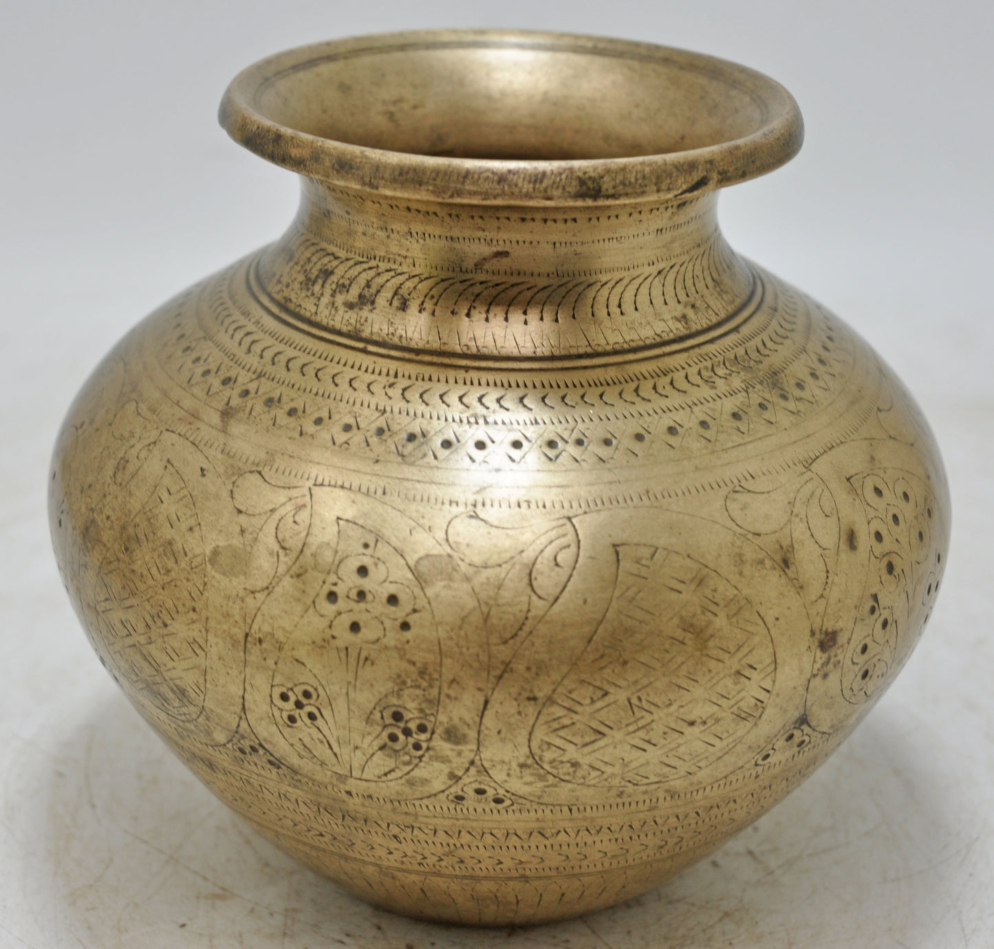 Antique Brass Round Water Drinking Lota Pot Original Old Hand Crafted Engraved