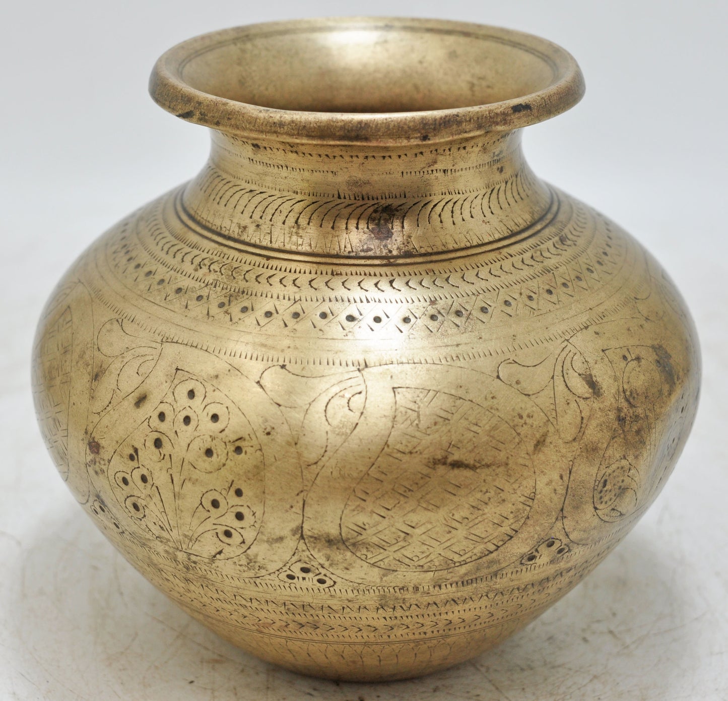 Antique Brass Round Water Drinking Lota Pot Original Old Hand Crafted Engraved