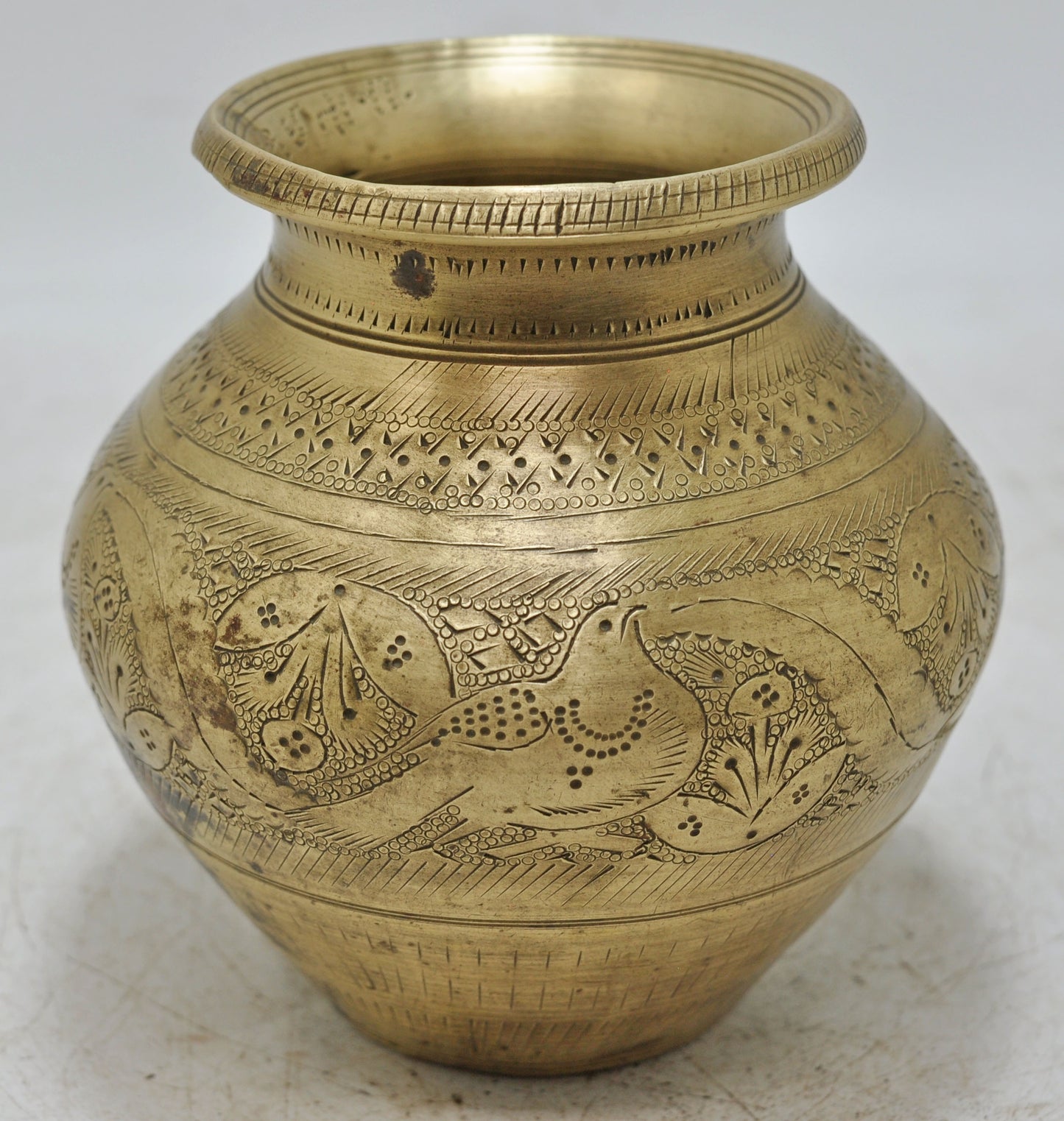 Antique Brass Round Water Drinking Lota Pot Original Old Hand Crafted Engraved